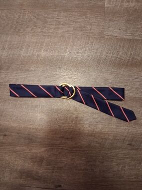 Lauren Ralph Lauren Navy and Pink Striped Belt with Gold Double Rings